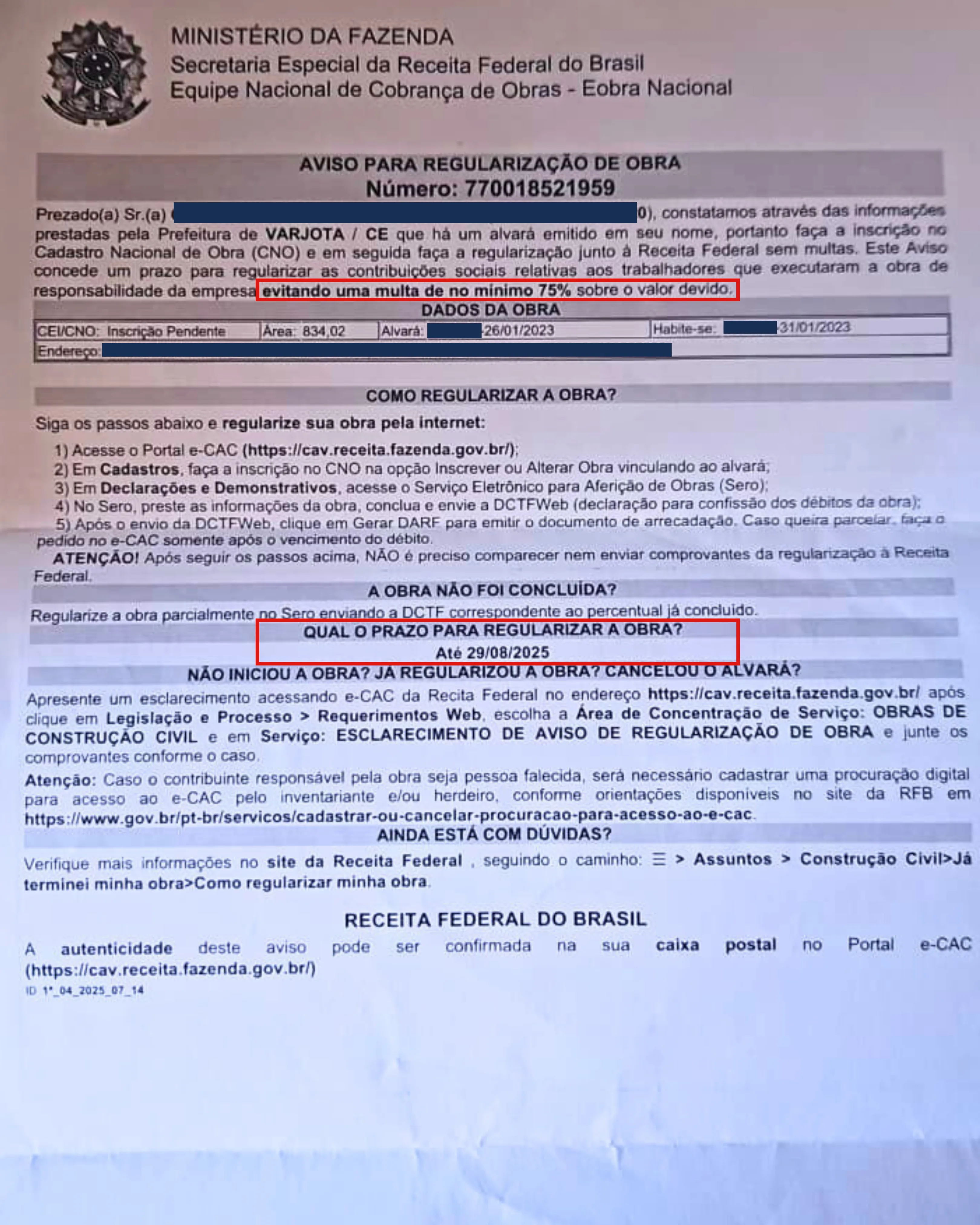 Exemplo 1 de notificação da Receita Federal sobre INSS de obra na Caixa Postal do e-CAC