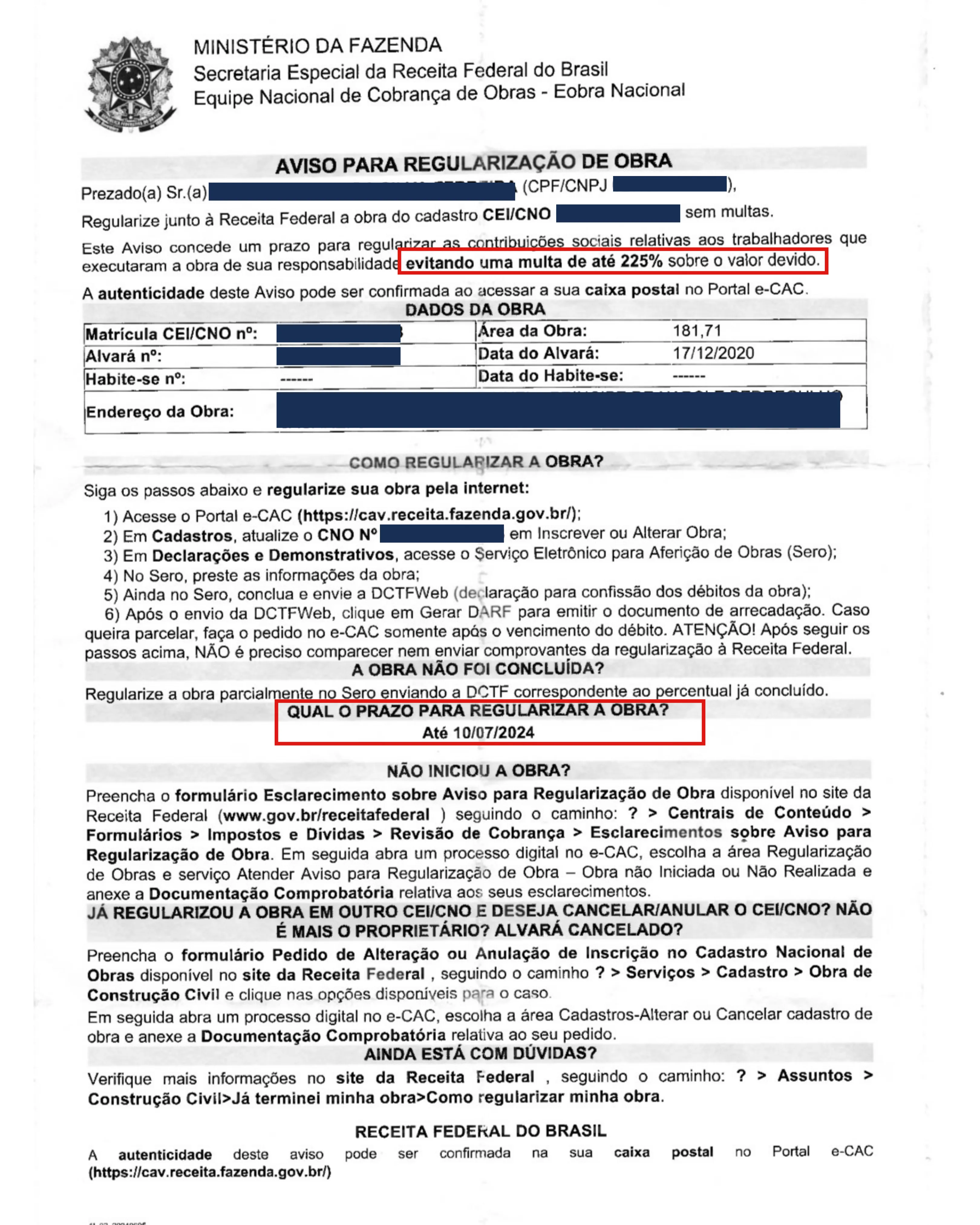 Exemplo 2 de notificação da Receita Federal sobre INSS de obra na Caixa Postal do e-CAC