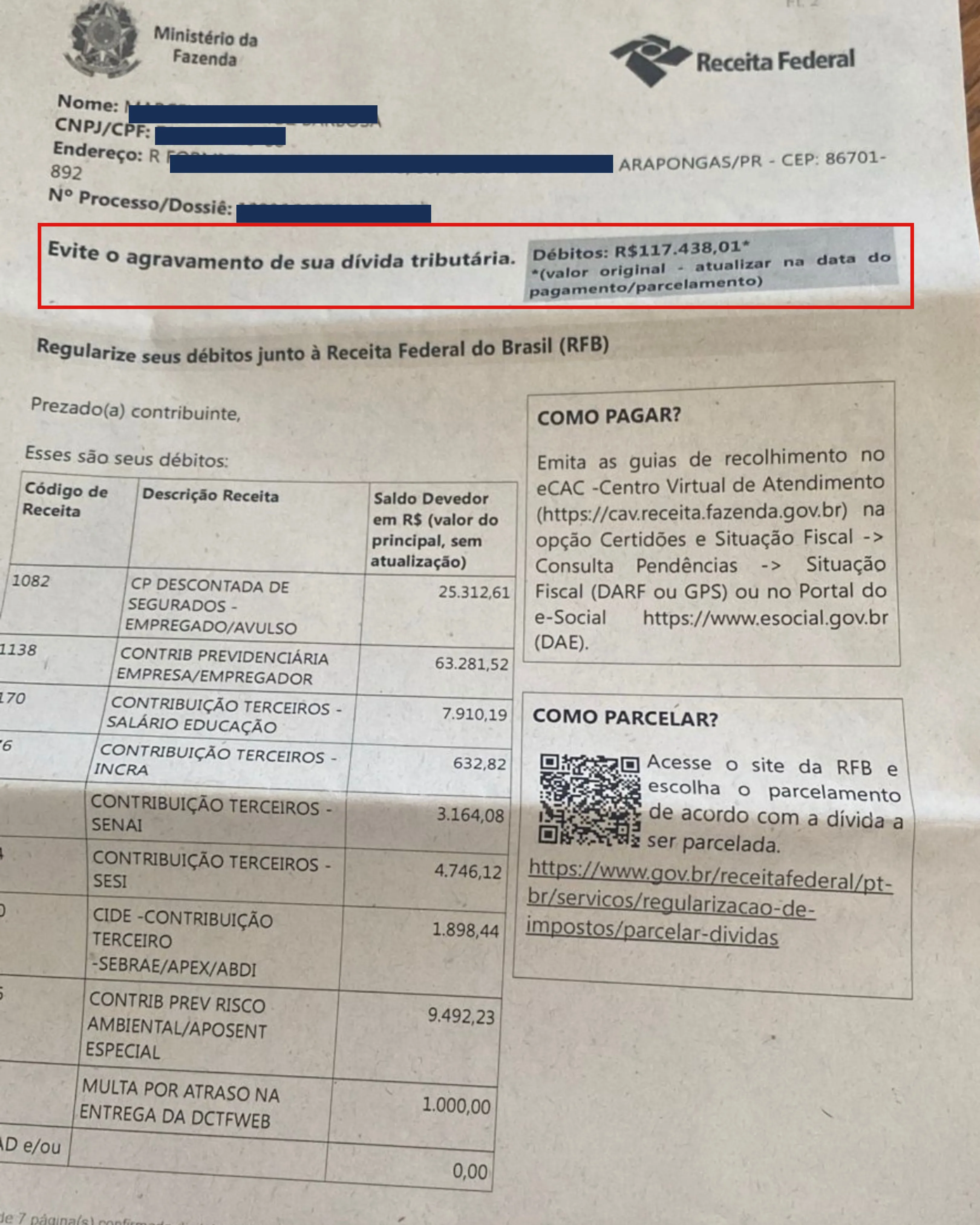 Exemplo 3 de notificação da Receita Federal sobre INSS de obra na Caixa Postal do e-CAC
