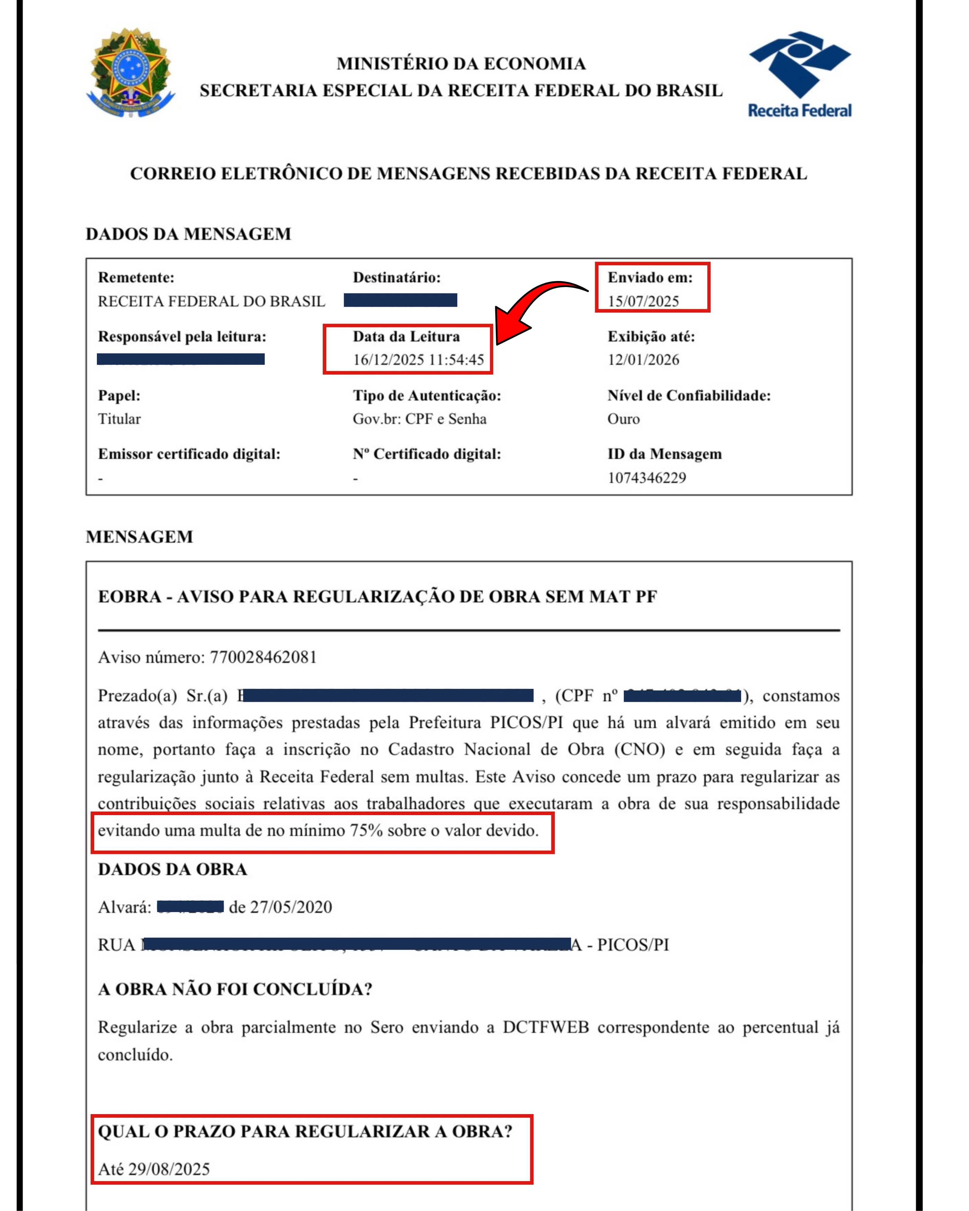 Exemplo 5 de notificação da Receita Federal sobre INSS de obra na Caixa Postal do e-CAC