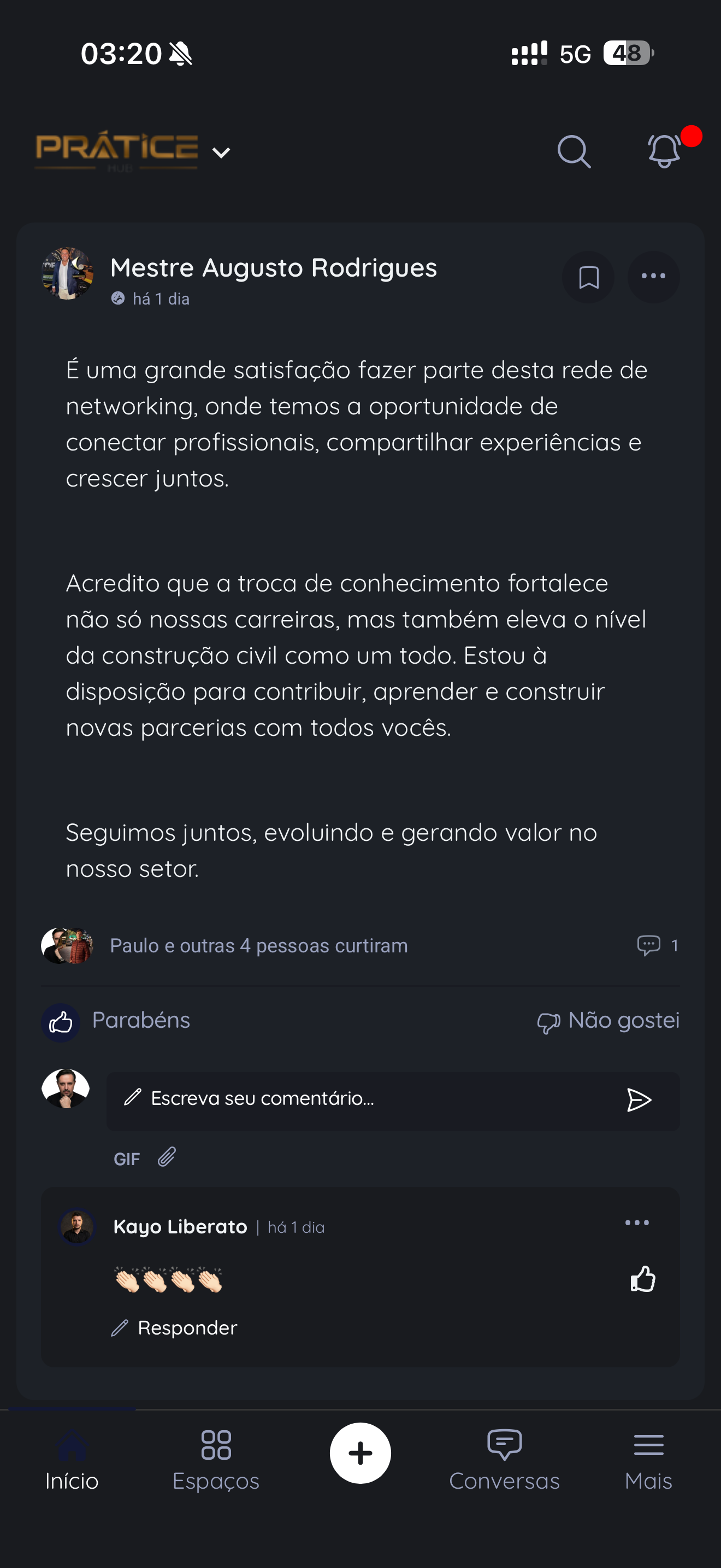 Depoimento de membro do Prátice Hub